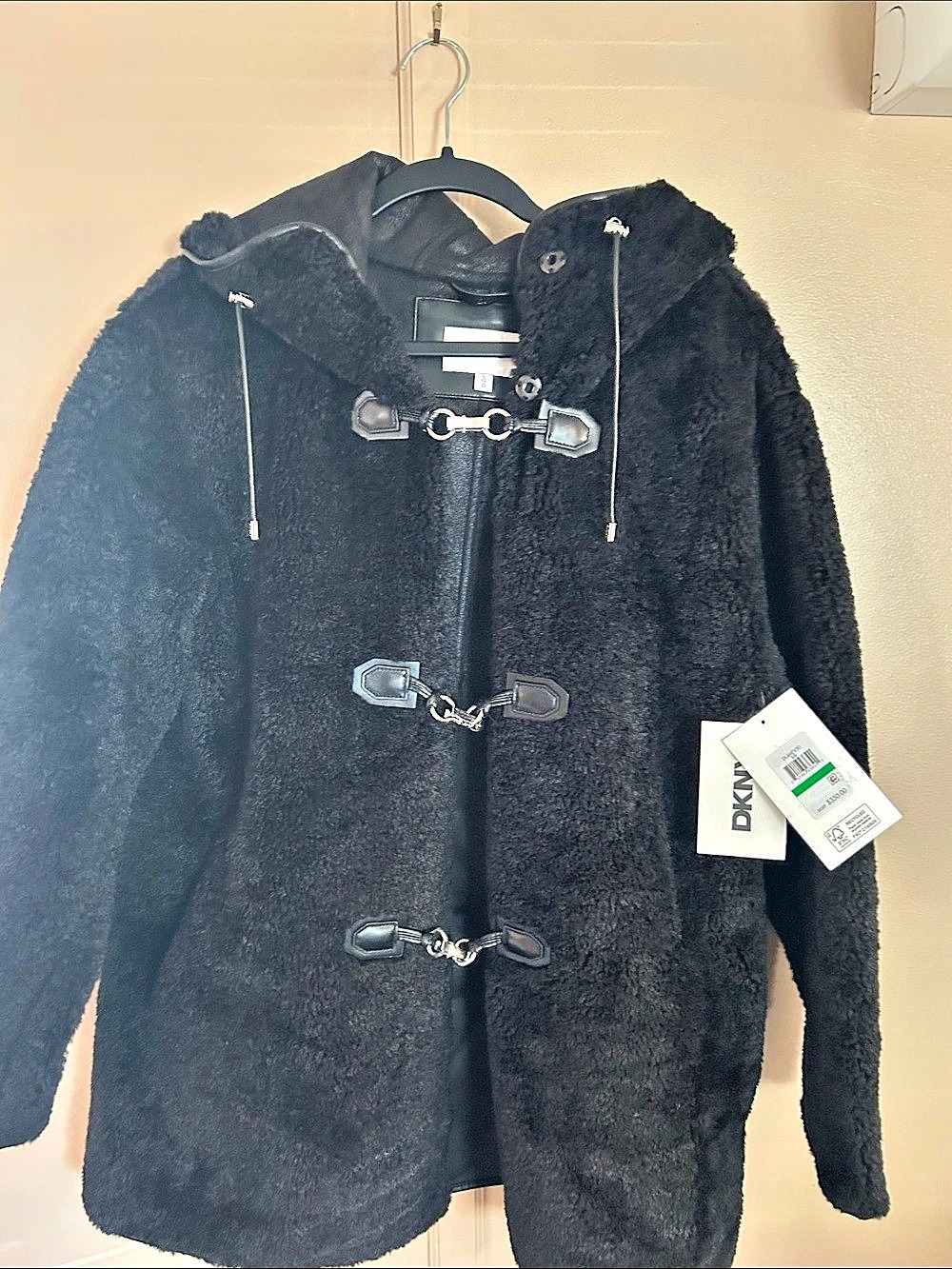 DKNY Faux Fur Mid-Length Coat Teddy Jacket Black Large NWT